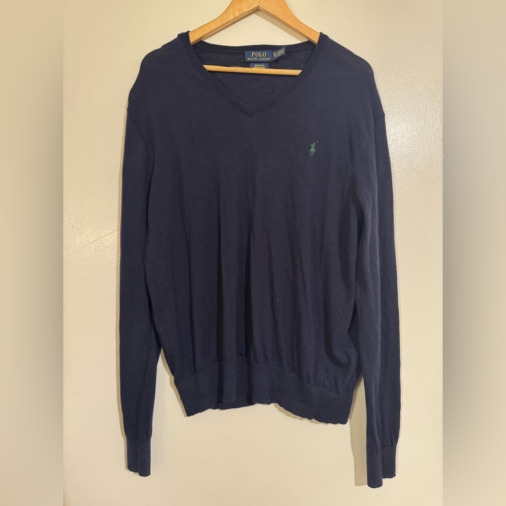 Polo Ralph Lauren Men's Dark Blue Navy V-Neck Sweater custom fit merino wool